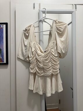Express Cream Ruched Puff Sleeve Peplum Top
